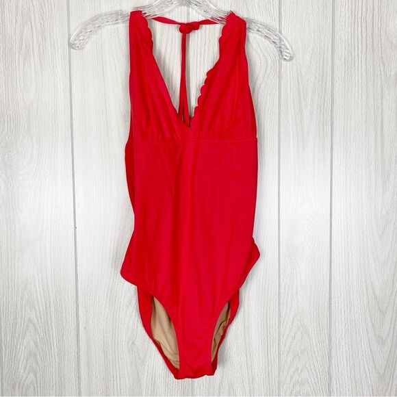 J.Crew | Red Scalloped V-Neck One Piece Swimsuit Size 8 - Picture 1 of 10